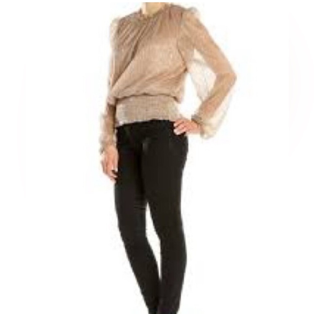 Retro Joie Ruffle Ruched Metallic Sheer sleeve Top Blouse